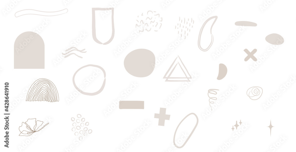 Hand drawn various shapes and doodle objects. Contemporary modern trendy vector illustrations.Pastel color