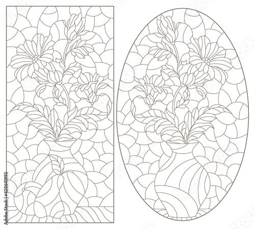 Set of contour illustrations in the style of stained glass with floral still lifes, dark outlines on a white background © Zagory