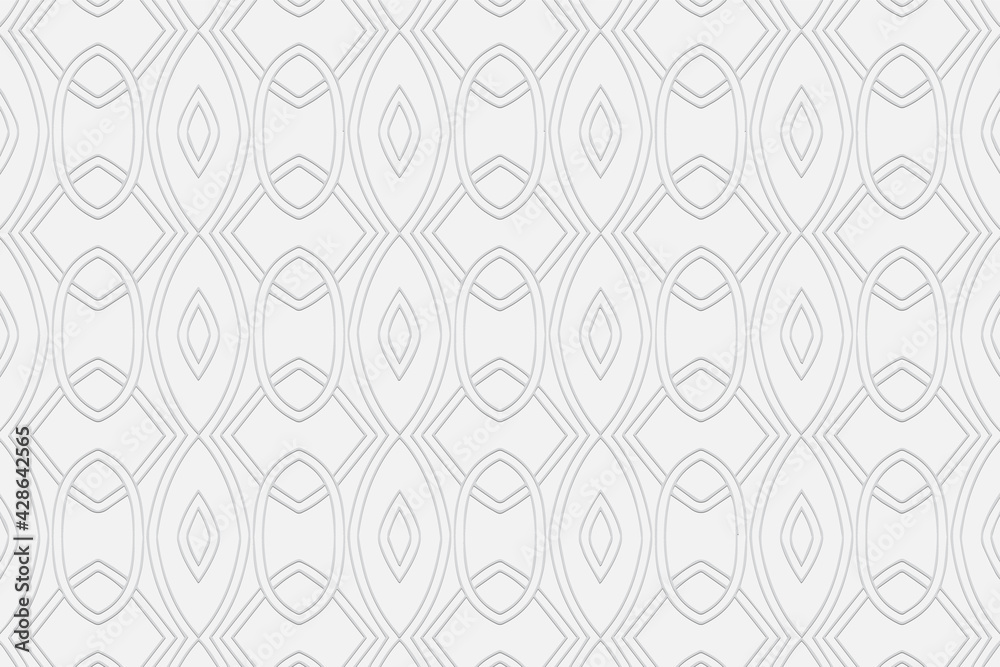 Volumetric convex white background. 3d embossed geometric pattern with intertwining lines and shapes. Ethnic minimalistic elements. Simple classic ornament for wallpaper, textiles.