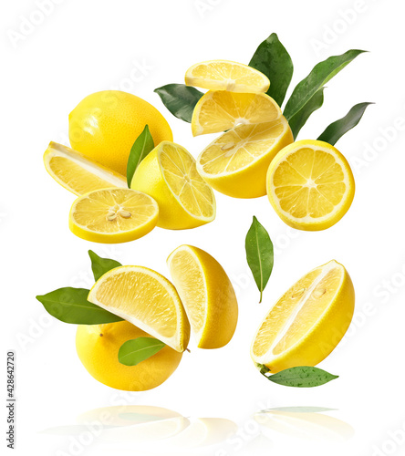 creative image with fresh lemons falling in the air, zero gravity food conception