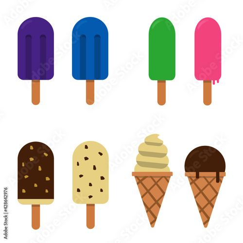 Set of different ice cream - Chocolate, Vanilla, Grape, Gum, Pear etc on a stick and in a cone © Pearnuts