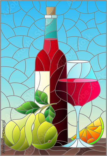 Illustration in the style of a stained glass window with a still life, a bottle of red wine, a glass and fruit on a blue background, a rectangular image