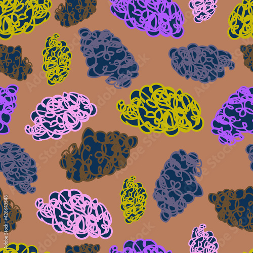Vector seamless colorful pattern with dark sketched lined hand-drawn clouds in dull colors