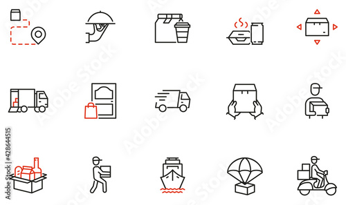 Vector Set of Linear Icons Related to Tracking Order, Shipping and Experess Delivery Process. Delivery Home and Office. Mono line pictograms and infographics design elements