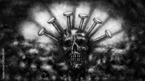 Terrible skull with large nails driven into it. Black and white illustration in horror fantasy genre. Scary background of remains. Burnt bones in ash and dirt. Gloomy concept art. Coal and noise.