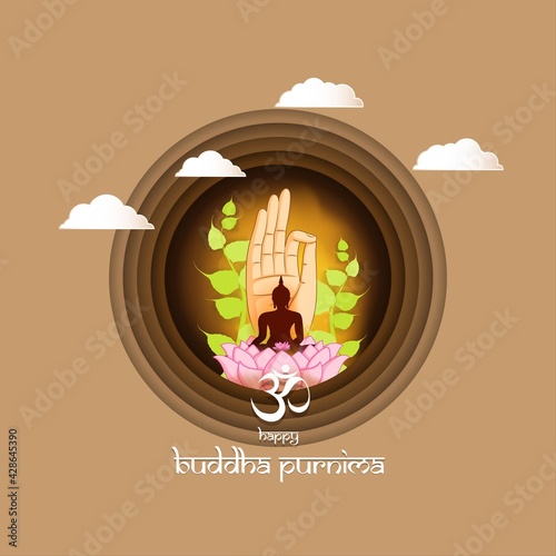 Indian Buddha Purnima festival with text, illustration is showing Buddha seating and absorbed in meditation