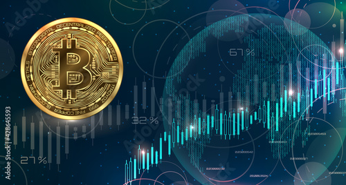 BTC, Bitcoin currency. Bit-coin with growth chart. Cryptocurrency