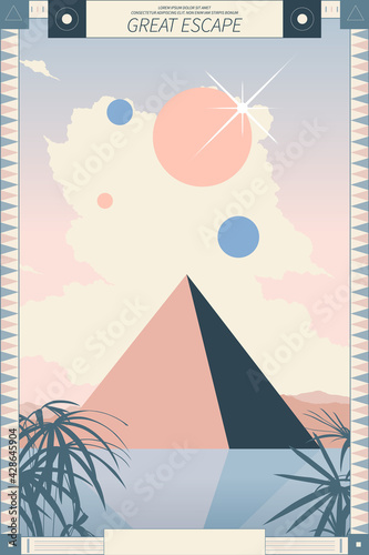 Pastel space pyramid, big cloud and reflect on water, Great escape travel theme poster template
