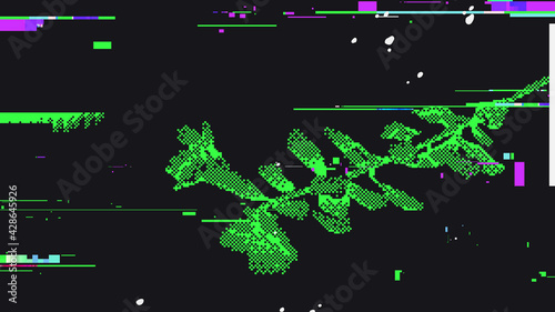 Computer glitch and flower in dither style, dark neon green and purple color, tropical and vintage technology concept illustration design