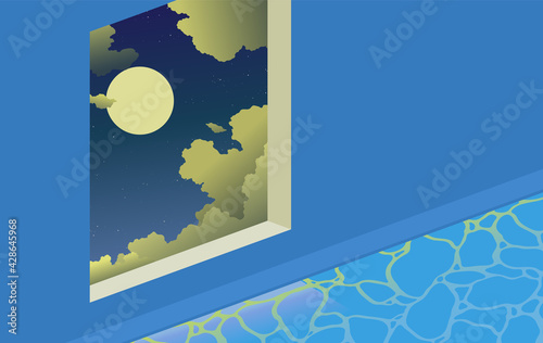 Indoor swimming pool and night sky moon light cosmic view, fresh pool space summer vibe flat illustration, isometric style