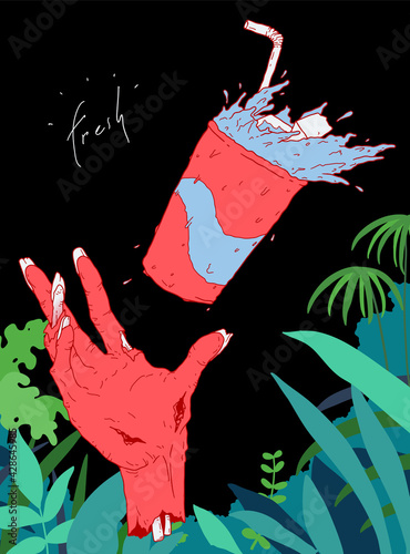 Zombie hand try to grab soda beverage cup and tropical plants, tropic fresh concept illustration, cute and fun doodle style illustration design