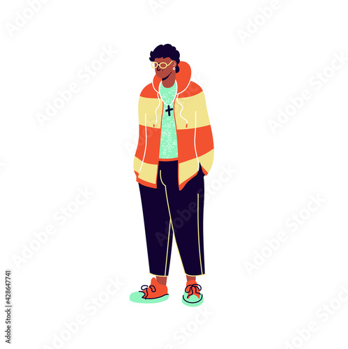Black guy in stylish trendy clothes on white background