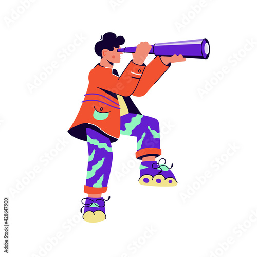 Brave guy with skates looking through purple spyglass