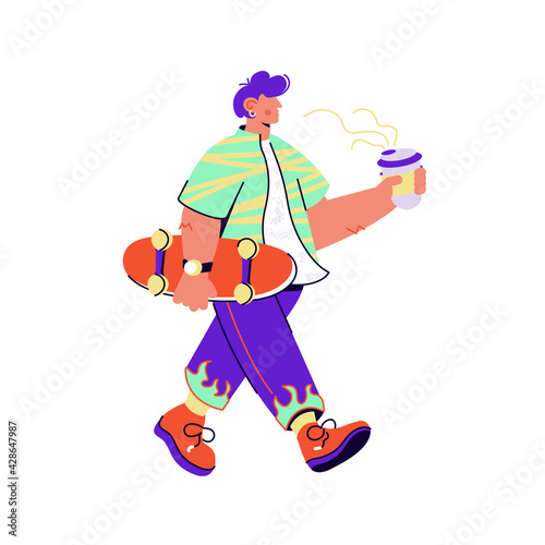 Skater with coffee carrying skateboard on white background
