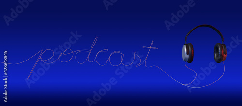 Headphones forming the word "podcast" with their cord on blue background. 3d illustration. © jroballo
