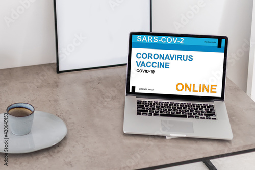 online health appointment, booking or reserve coronavirus or covid-19 vaccine in concept social distance healthcare in quanrantine people at home using laptop computer. photo