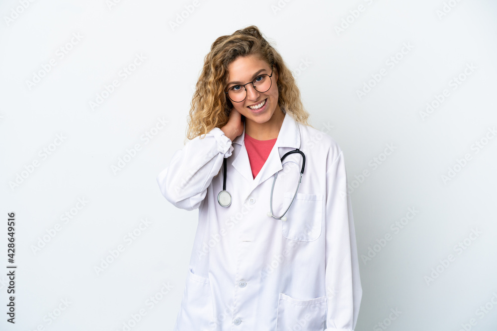 Young doctor blonde woman isolated on white background laughing Young doctor blonde woman isolated on white background laughing