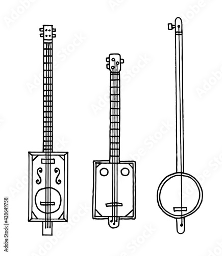 Black and white illustration cigar box guitar set. Guitar on white background. Blues and country  festival logo.