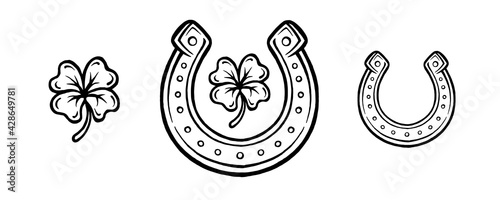 clover and horseshoe objects, hand drawn illustration. symbols of good luck. vector clip art