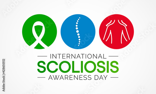 Scoliosis awareness day is observed every year in June, it is an abnormal lateral curvature of the spine. It is most often diagnosed in childhood or early adolescence. Vector illustration.