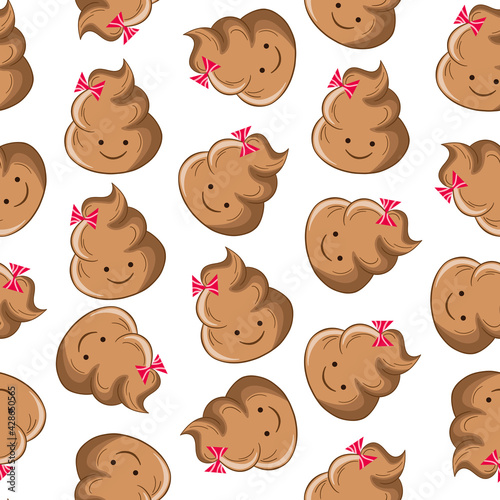 Seamless pattern with kawaii poop on white background. Cartoon poo, feces icons. Shit patterns, evil turd. Vector illustration for invitation, poster, card, fabric, textile. Doodle style