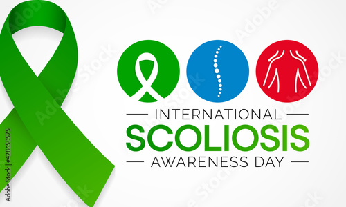 Scoliosis awareness day is observed every year in June, it is an abnormal lateral curvature of the spine. It is most often diagnosed in childhood or early adolescence. Vector illustration.