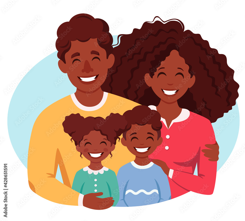Happy black family with son and daughter. Parents hugging children