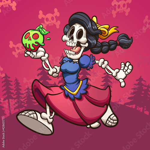 Dead Snow White skeleton running with poisoned apple. Vector clip art illustration with simple gradients. Some elements on separate layers 