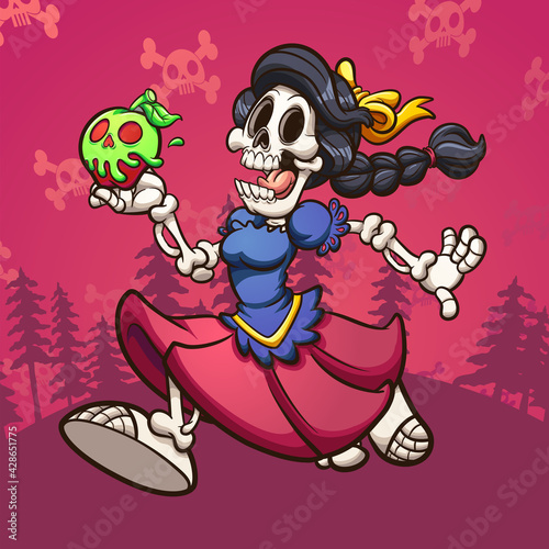 Dead Snow White skeleton running with poisoned apple. Vector clip art illustration with simple gradients. Some elements on separate layers
