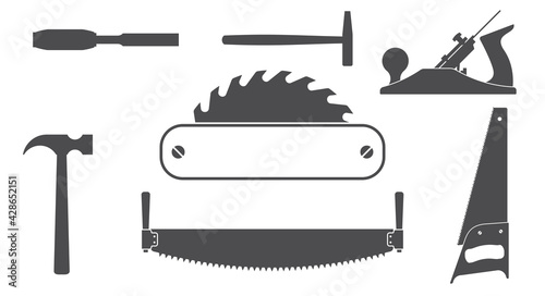 Carpentry tools, labels template. Sawmill emblem. Vector illustration