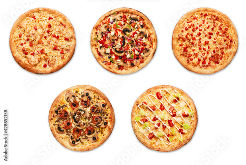Cut into slices delicious fresh pizza with pepperoni on a white background. Top view.