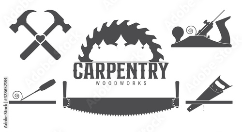 Carpentry tools, labels template. Sawmill emblem. Vector illustration