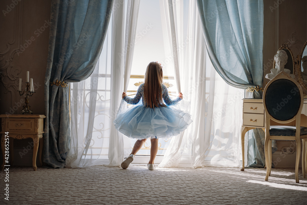 Back view of little girl in blue dance dress standing by the