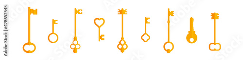 A collection of golden old vintage and modern keys. Vector illustration
