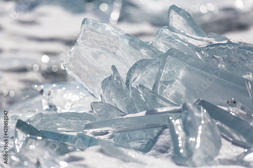 Fotografie Scenic winter lake Baikal landscape with huge pressure ridge transparent ice blo