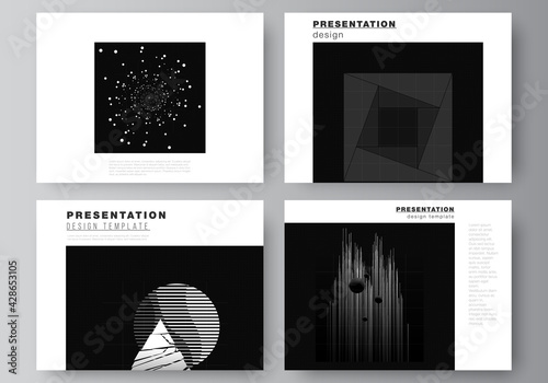 Vector layout of the presentation slides design templates for presentation brochure, brochure cover. Black color technology background. Digital visualization of science, medicine, technology concept.