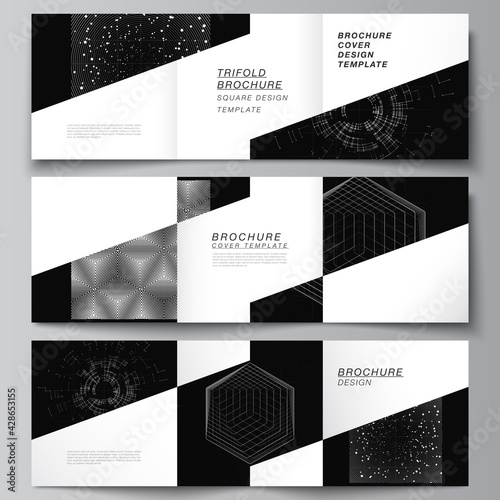 Vector layout of square covers design templates for trifold brochure, flyer, cover design, book design.Black color technology background. Digital visualization of science, medicine, technology concept