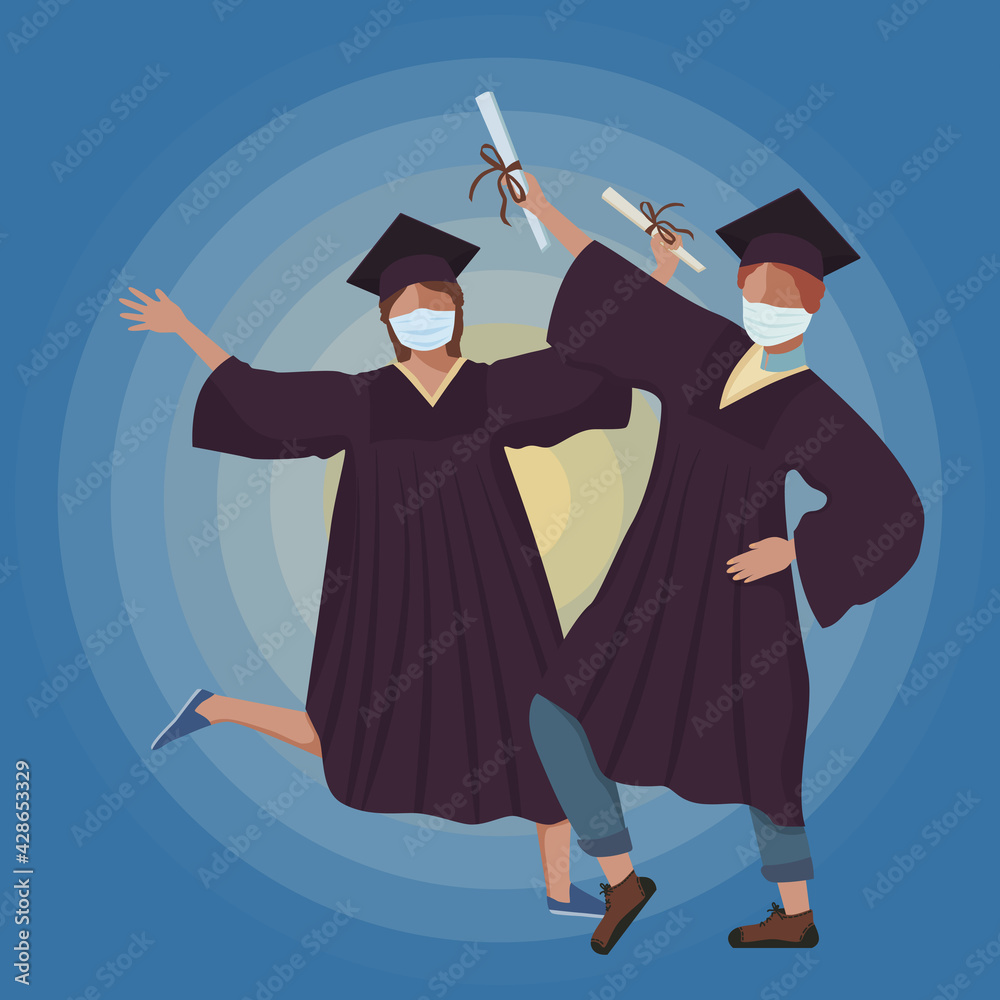 Happy students graduates dance and hold diplomas in their hands against ...