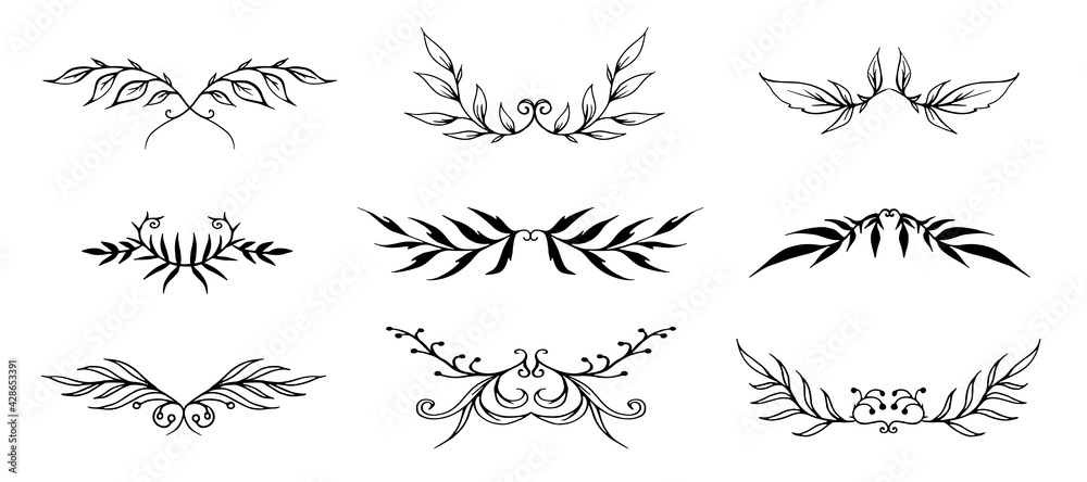 leaves text divider line. A Set of beautiful borders of flourishes for design. ornamental doodle style leaves text divider line. A Set of beautiful borders of flourishes for design. ornamental doodle style