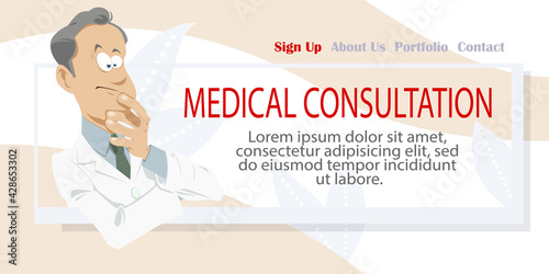 Pensive doctor. Scientist ponders problem. Man in white coat. Illustration for internet and mobile website.