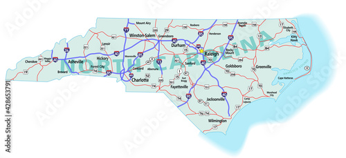 Vector map of the state of North Carolina and its Interstate System.