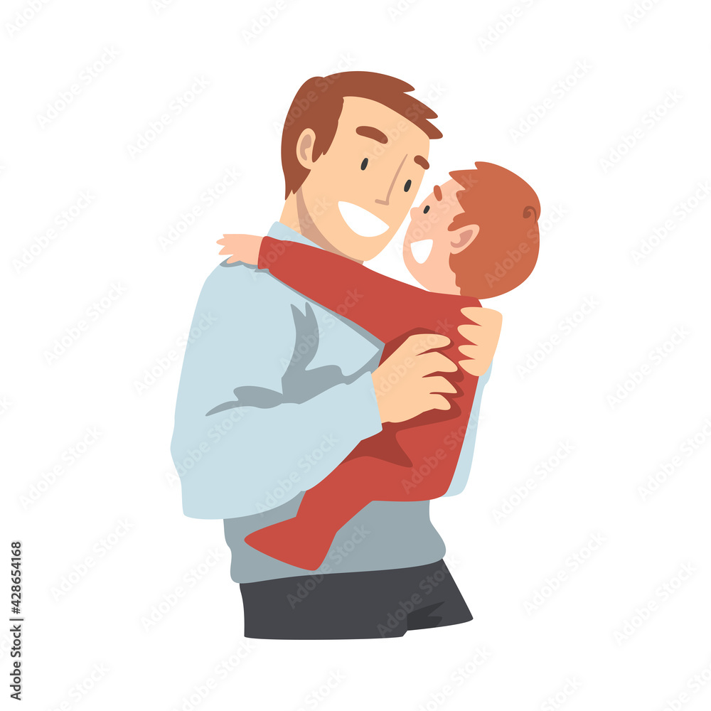 Happy Young Dad Hugging his Toddler Baby, Happy Parenting, Fatherhood and Kids Care Cartoon Vector Illustration