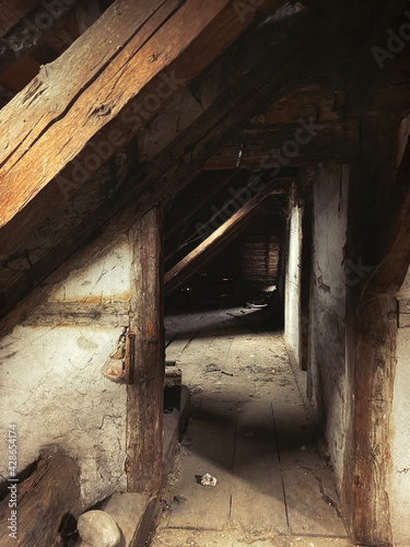 roof interior of an abandoned house.