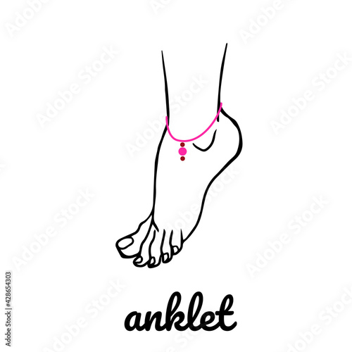 Anklet icon vector template with sketch female foot. Line illustration isolated on white background for social media highlights, company icon, web site icon, jewelry flyer design. photo