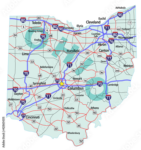 Vector map of the state of Ohio and its Interstate System.