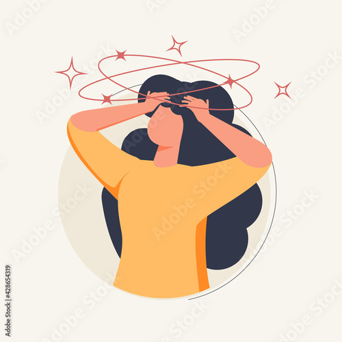 Sick person suffering from vertigo, feeling confused, dizzy and head ache. Flat vector illustration for stress, sickness