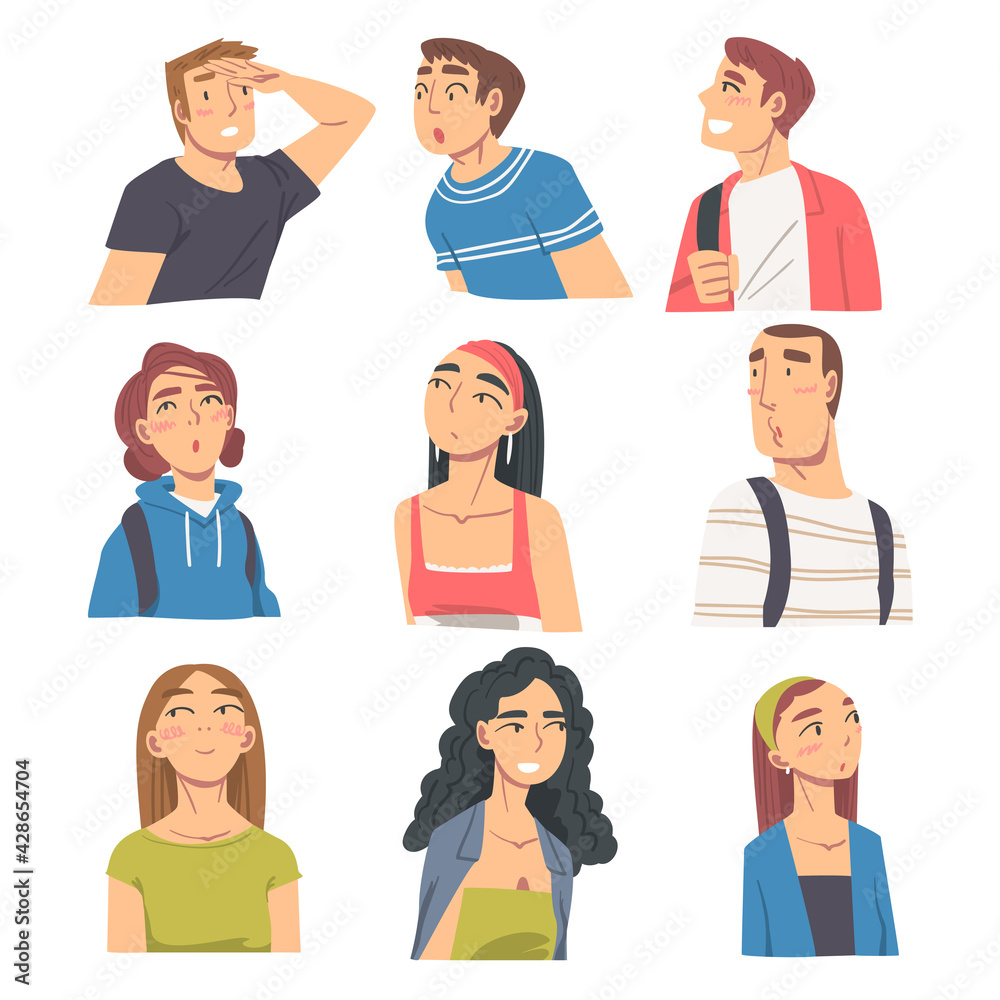 People Looking in Different Directions Set, Portraits of Young Men and Women Looking at Something Cartoon Vector Illustration People Looking in Different Directions Set, Portraits of Young Men and Women Looking at Something Cartoon Vector Illustration
