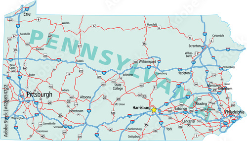 Vector map of the state of Pennsylvania and its Interstate System.