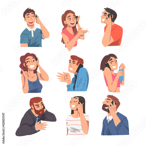 People Talking on Phones Set, Young Women and Men Using Smartphone in Friendly or Business Telephone Communication Cartoon Vector Illustration