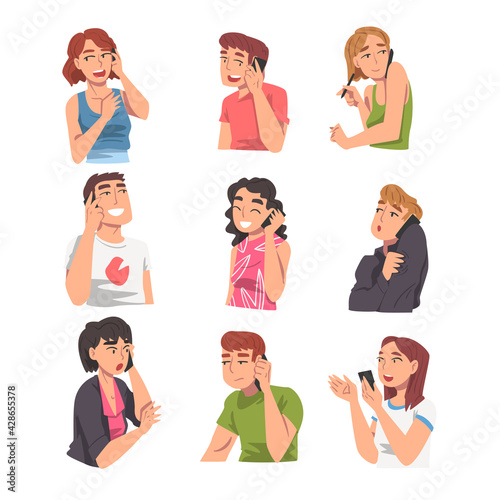 People Talking on Phones Set, Women and Men Using Smartphone in Friendly, Family or Business Communication Cartoon Vector Illustration